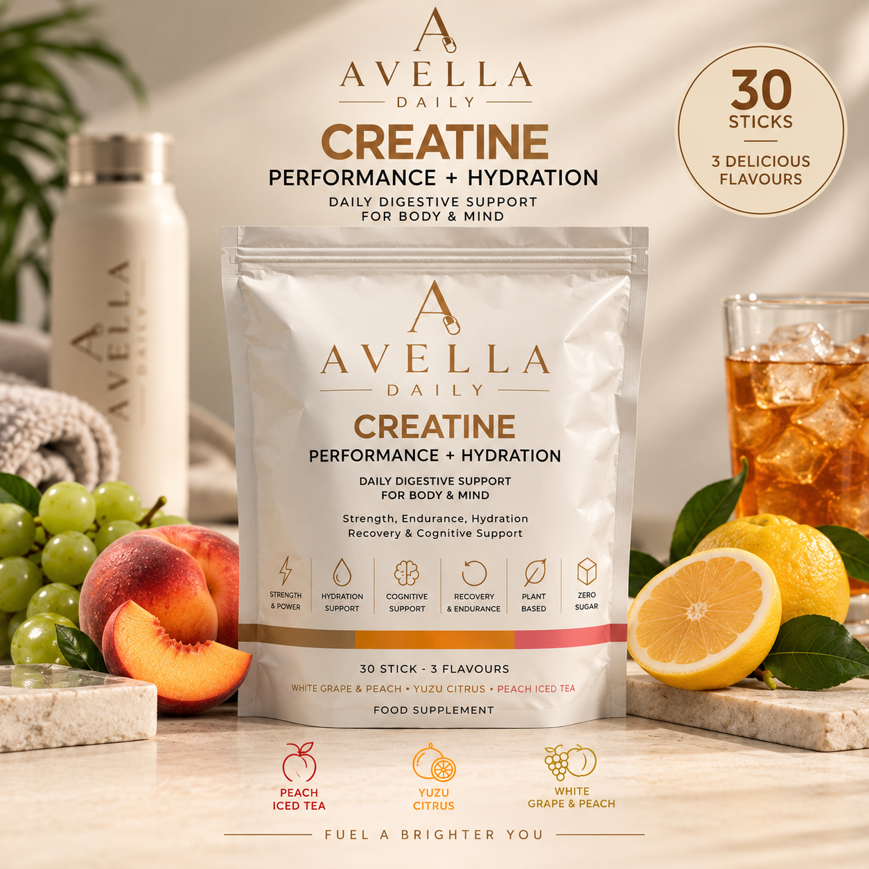 A pouch of A Vella Daily Creatine Performance + Hydration food supplement, shown on a marble surface with peach, grapes, a glass of iced tea, and lemons. The packaging is white with gold lettering, and the background is a warm beige.